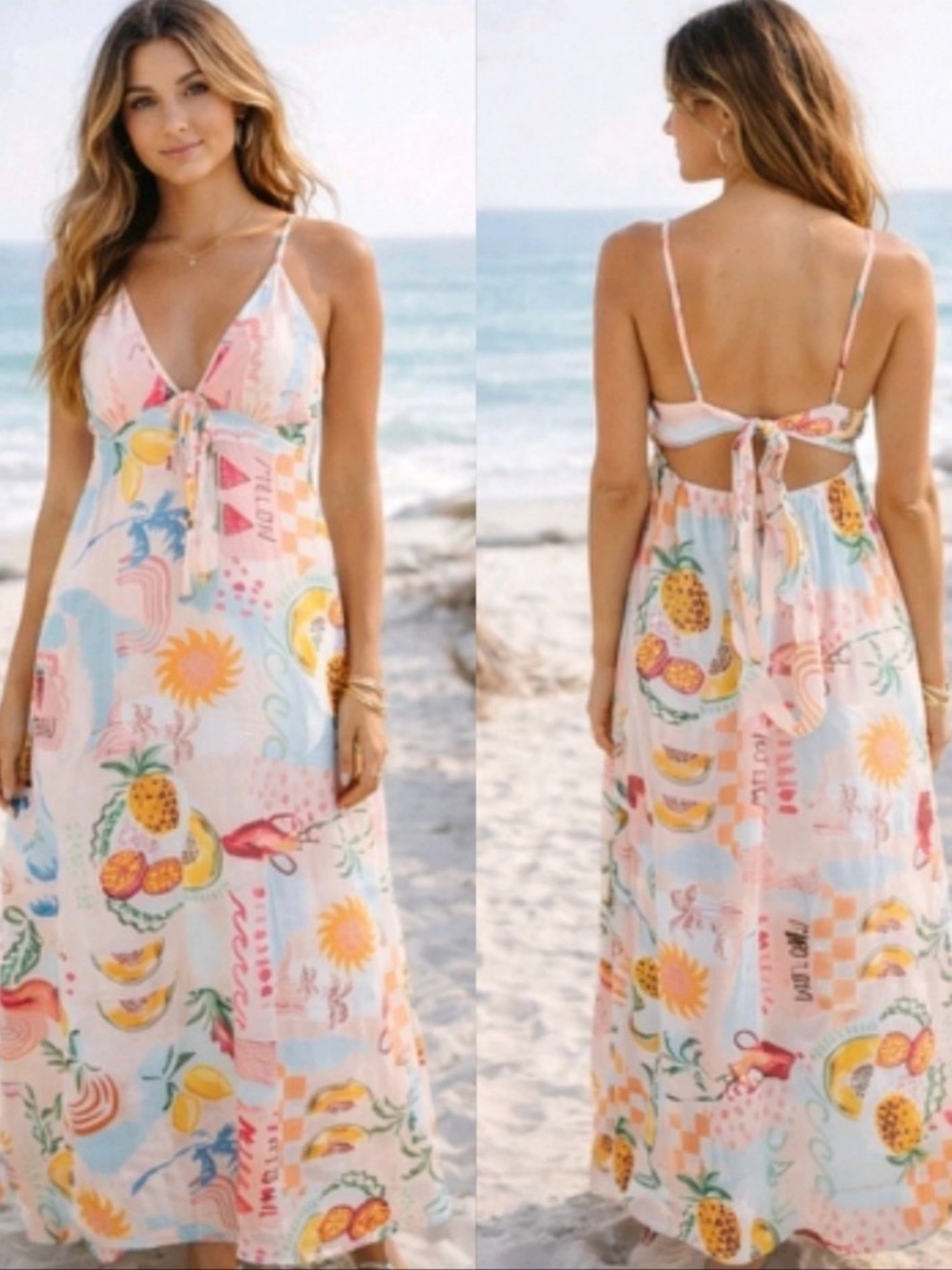Anthropologie Paper Heart Tropical Fruit Peach Blue Maxi Dress Linen Blend NWT M